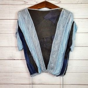 Vintage Women's Black Blue Leather & Knit Unique Top Rare Made In Turkey Medium